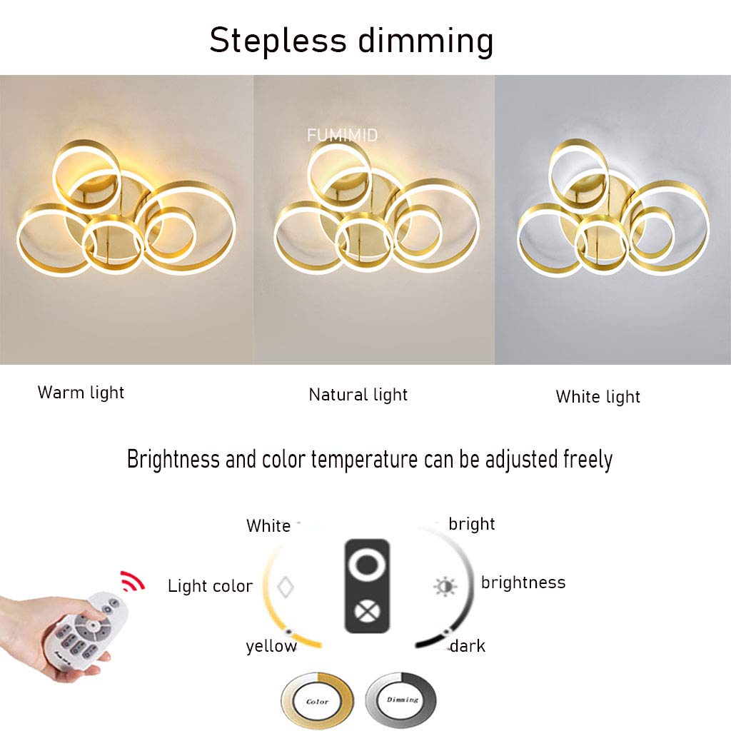 Lampa sufitowa LED, nowoczesna lampa wisząca, kreatywny żyrandol z pilotem zdalnego sterowania, ściemniana, okrągła, 6 kół, 86 W, aluminium, akryl, do sypialni, złota