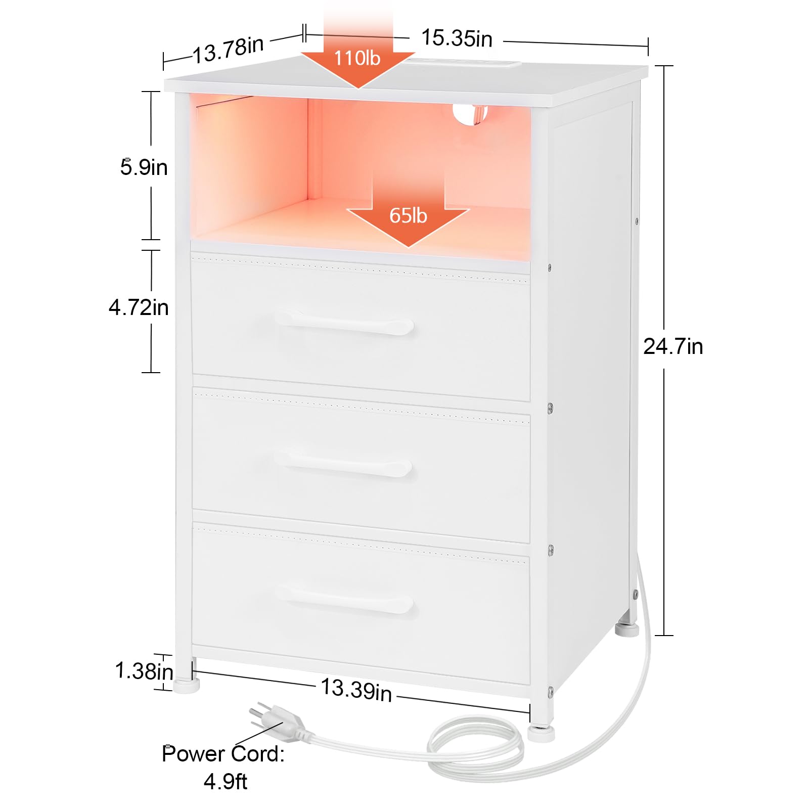 LOAKEKEL White Night Stand Set 2, LED Nightstand with Charging Station, End Tables with 3 Fabric Drawers, Bedside Table with USB Type C Port and Outlets for Bedroom, HNS033WT