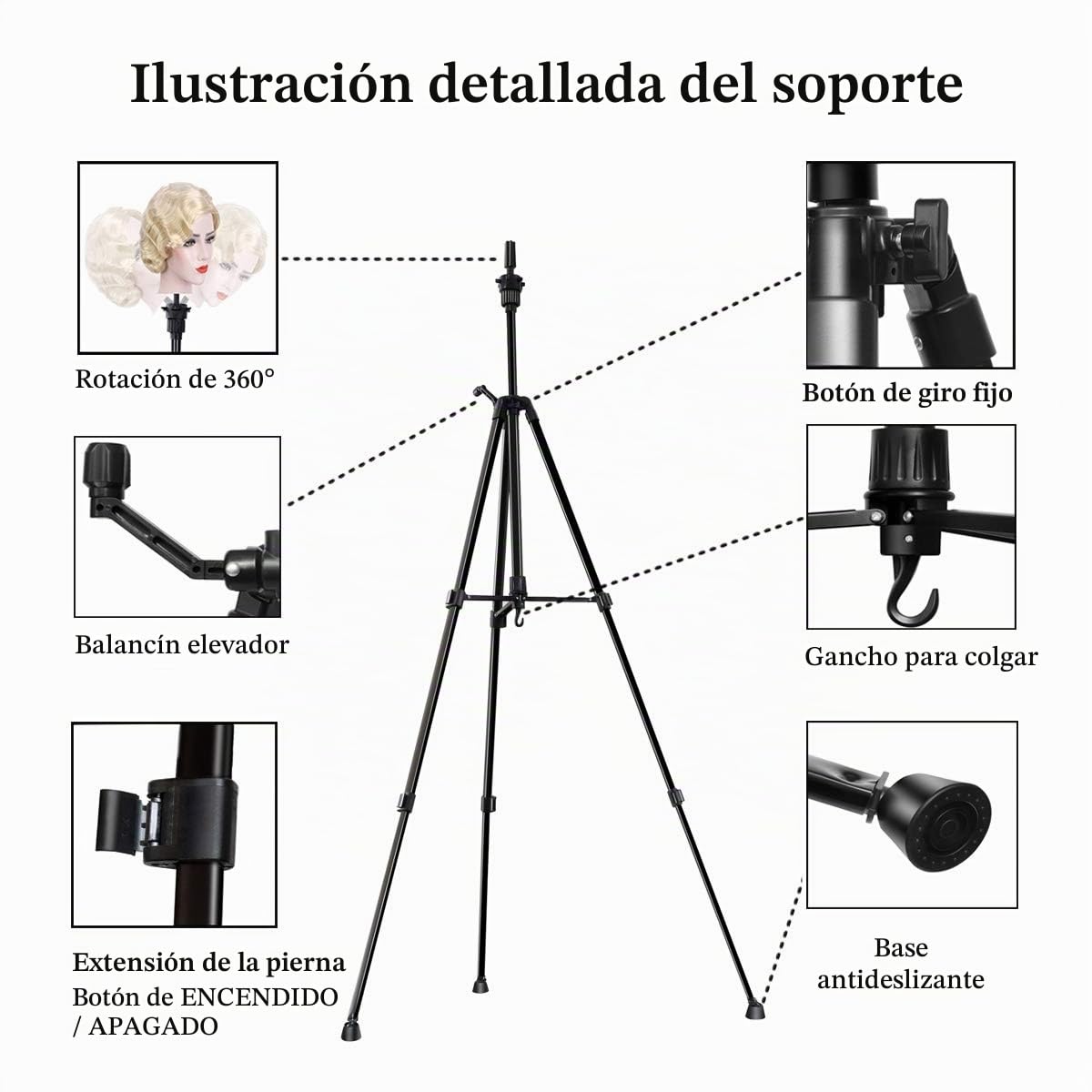 Tripode Cabeza Peluqueria, DanseeMeibr Plus Ajustable (24-64 Pulgada) Soporte de trípode antideslizante de Aluminio, Cabeza de trípode Soporte para cabeza Maniqui Peluqueria con Bolsa de Transporte
