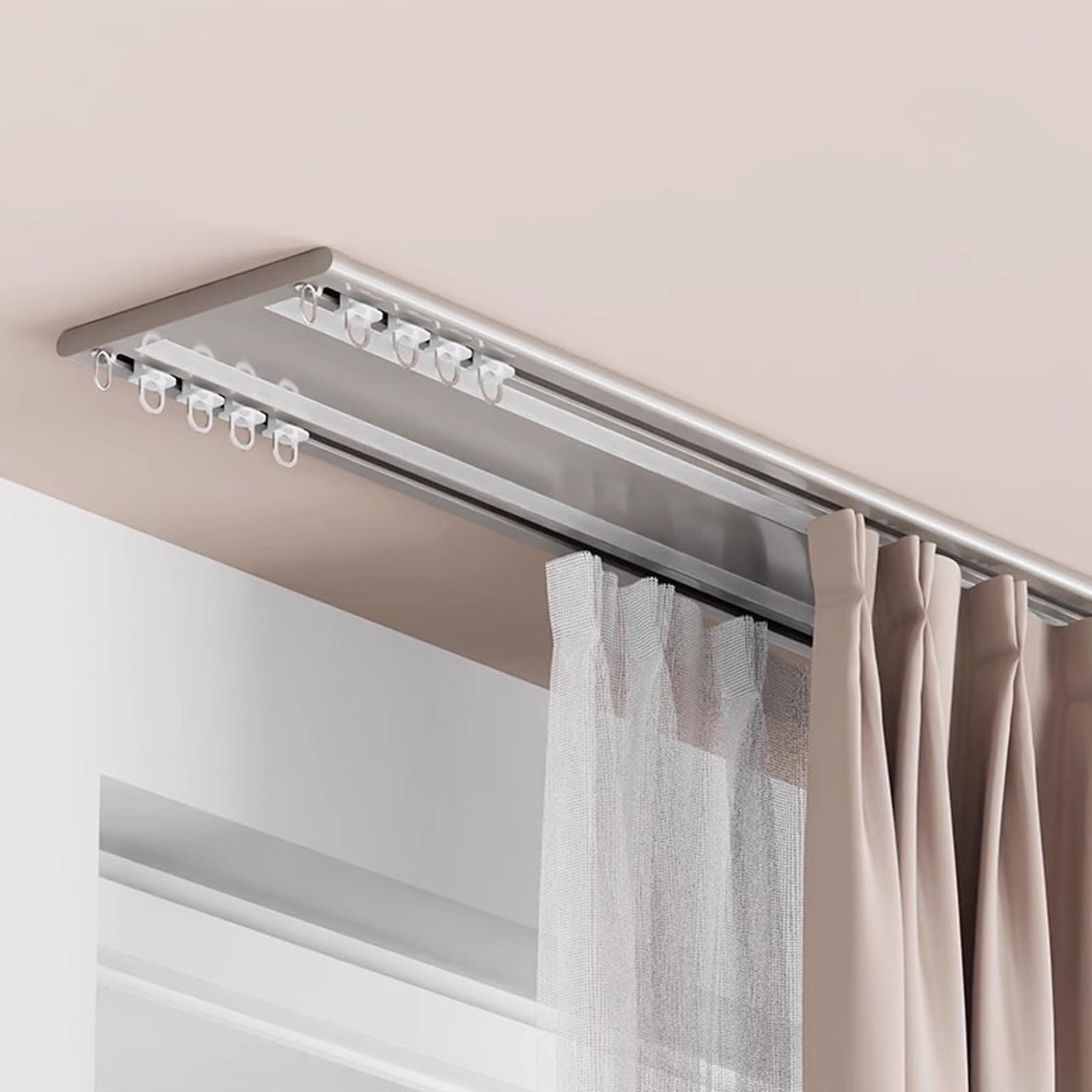 Système de rails de rideaux à montage au plafond, rail coulissant silencieux à double rangée avec rouleaux pour séparateur de pièce, 2,6 m