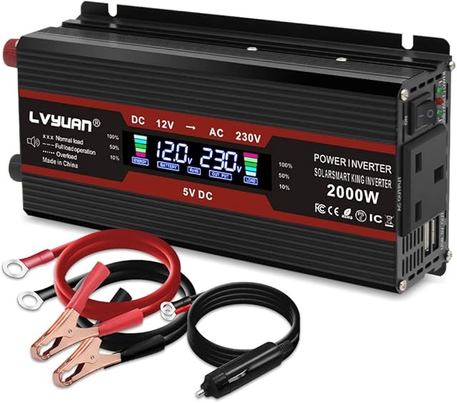 LVYUAN Power Inverter 2000W 12V to 240V LCD UK Socket 2USB Car Converter with Cigarette Lighter