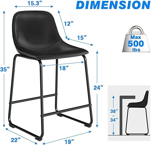 Miniatura 78 de Rfiver Taburetes de bar de piel sintética de poliuretano, juego de 2, taburetes industriales con respaldo y reposapiés, sillas modernas sin brazos