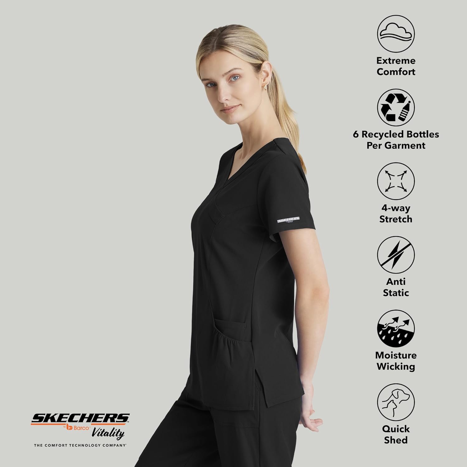 BARCO Skechers Vitality Charge Scrub Top for Women - V-Neck Medical Top, 4-Way Stretch Women's Scrub Top - Image 5