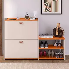 Sapateira Com Banco Moderna 2 Gavetas Basculantes 18 Pares Sapatos Para Quarto Hall de Entrada Closet (Off White/Cinamomo)