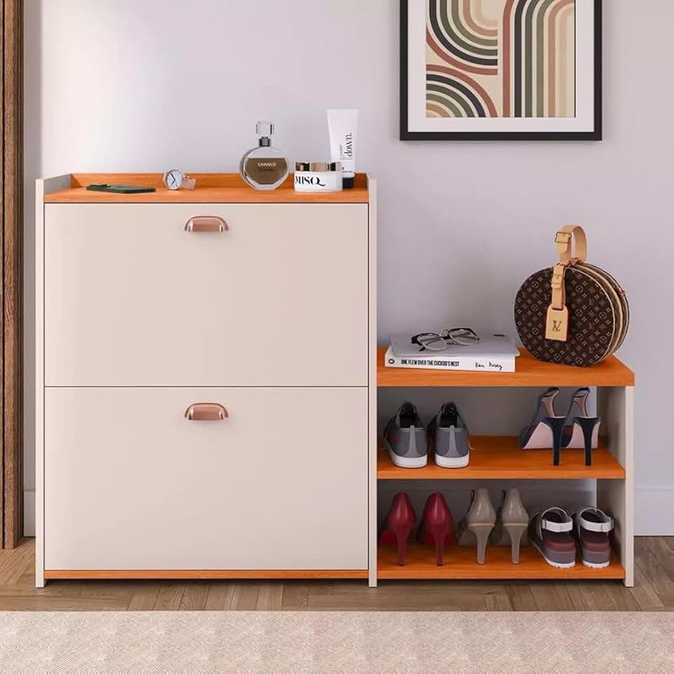 Sapateira Com Banco Moderna 2 Gavetas Basculantes 18 Pares Sapatos Para Quarto Hall de Entrada Closet (Off White/Cinamomo)
