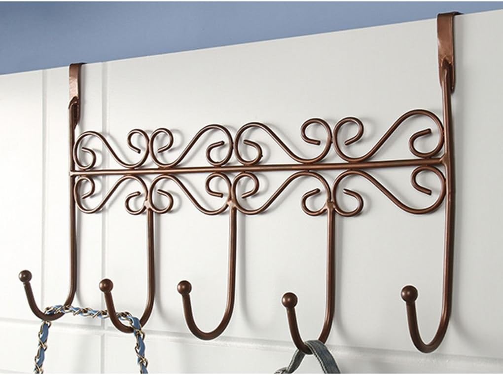 Topker Over Door Hooks Hanger with 5 Hooks Coat Clothes Bag Storage Rack Metal Wall Hanger Saves Space for Bedroom, Kitchen, Bathroom & Living Room 4.5-4.8cm Thickness Door Hanging Rack (bronze)