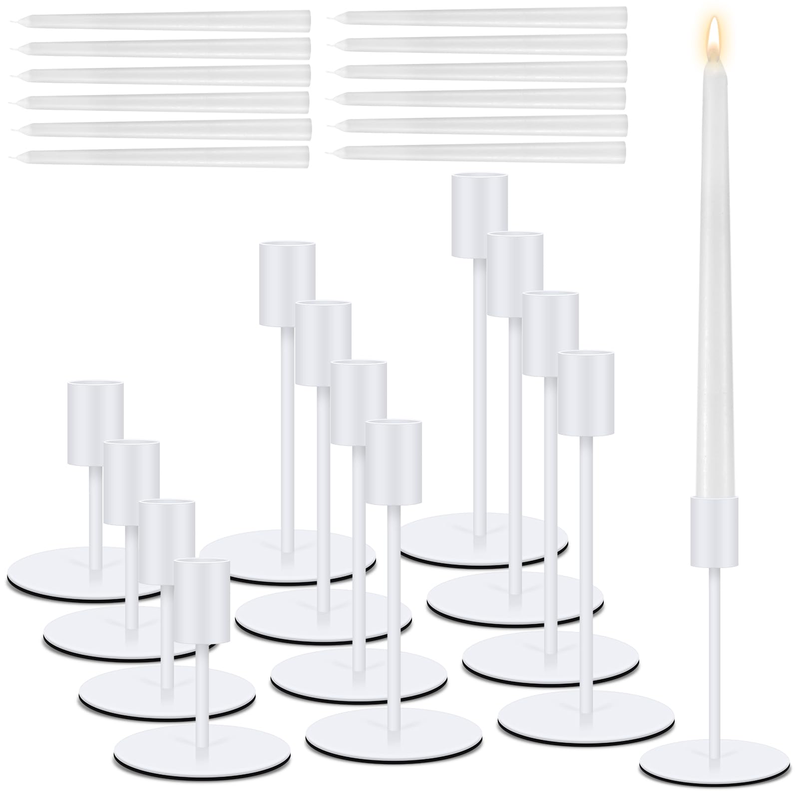 12 Set Candle Holders Bulk with 10'' Dripless Taper Candles 3.3'' 5.5'' 6.3'' Metal Candlestick Holders Vintage Modern Decorative Table Centerpiece