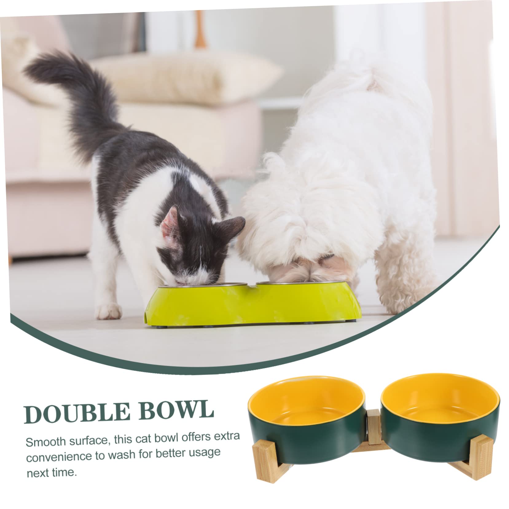 ibasenice Gamelle Double avec Support en Bois Surélevé, Facile à Laver en Céramique pour Chat pour Nourriture et Eau en Toute Occasion