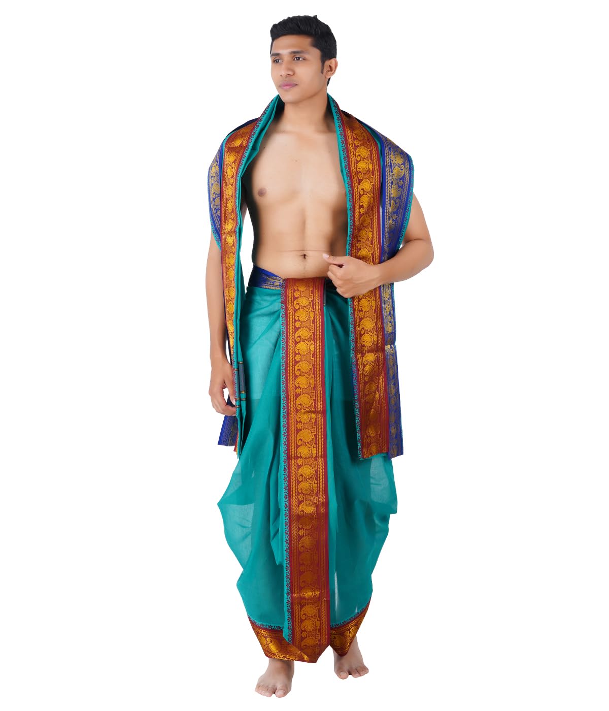 ethazh 9 * 5 Color Panchakacham Dhoti for Men with Angavastram | Unstitched Traditional South Indian Veshti Set | White Cotton Dhoti with Towel Set | Premium Wedding Festival Ethnic Wear-picture-17