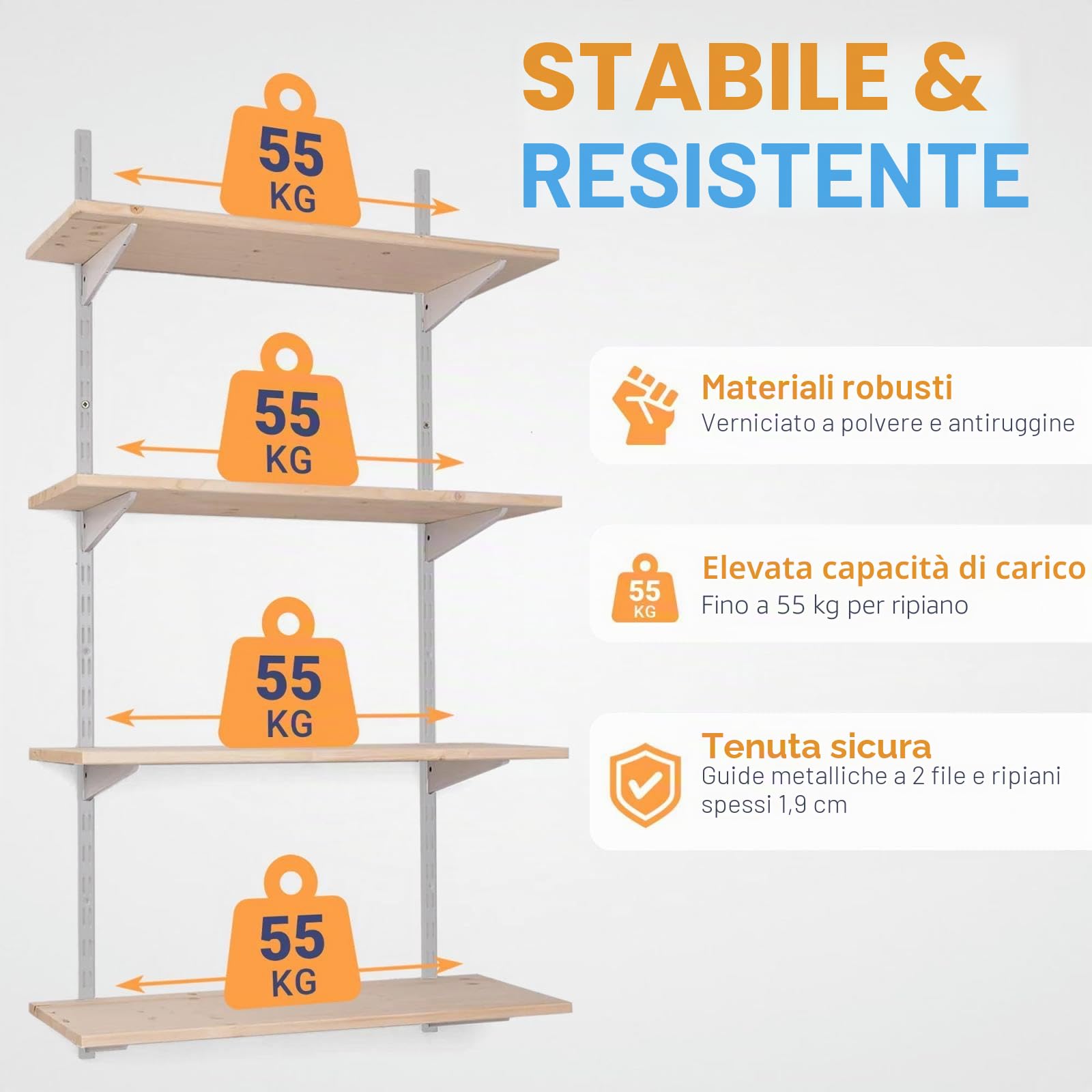 Scaffale da parete in metallo con ripiano, scaffale in 50 varianti, altezza: 50 cm, 2 ripiani da 80 x 50 cm (larghezza x profondità), colore: bianco, sistema di scaffalatura a binario