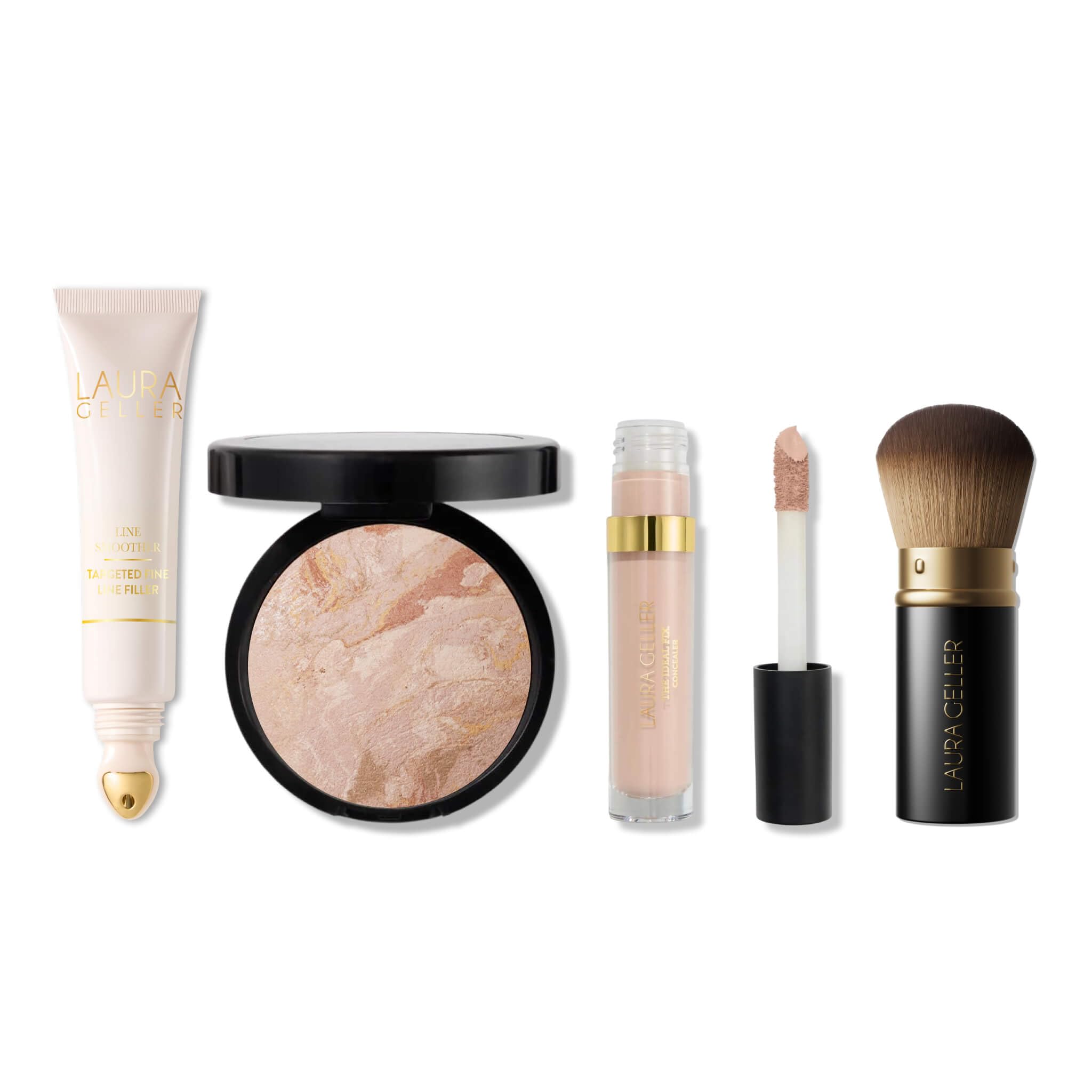 LAURA GELLER Line Smoother Full Face Kit | Fine Line Smoothing Primer, Baked Balance-n-Brighten Foundation, Ideal Fix Concealer & Retractable Kabuki