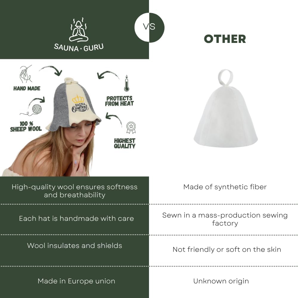 Sauna Hat 'Sauna King and Queen' White - 100% Organic Wool Felt Hats for Russian Banya - Protect Your Head from Heat - English Sauna eBook Guide Included - with Embroidery