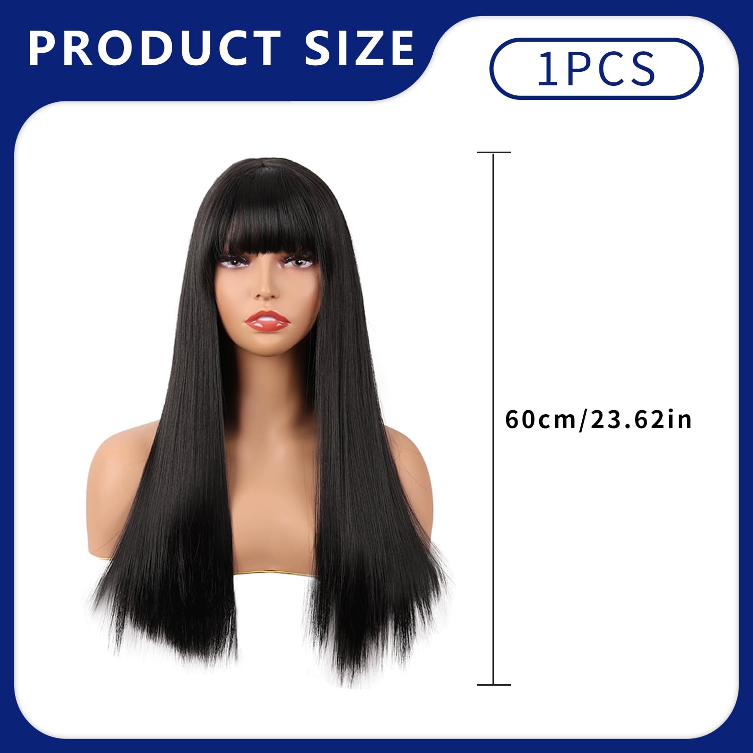 Black Wig, Long Straight Synthetic Wig for Women & Girls, Natural Looking Heat-Resistant with Bangs - Image 2