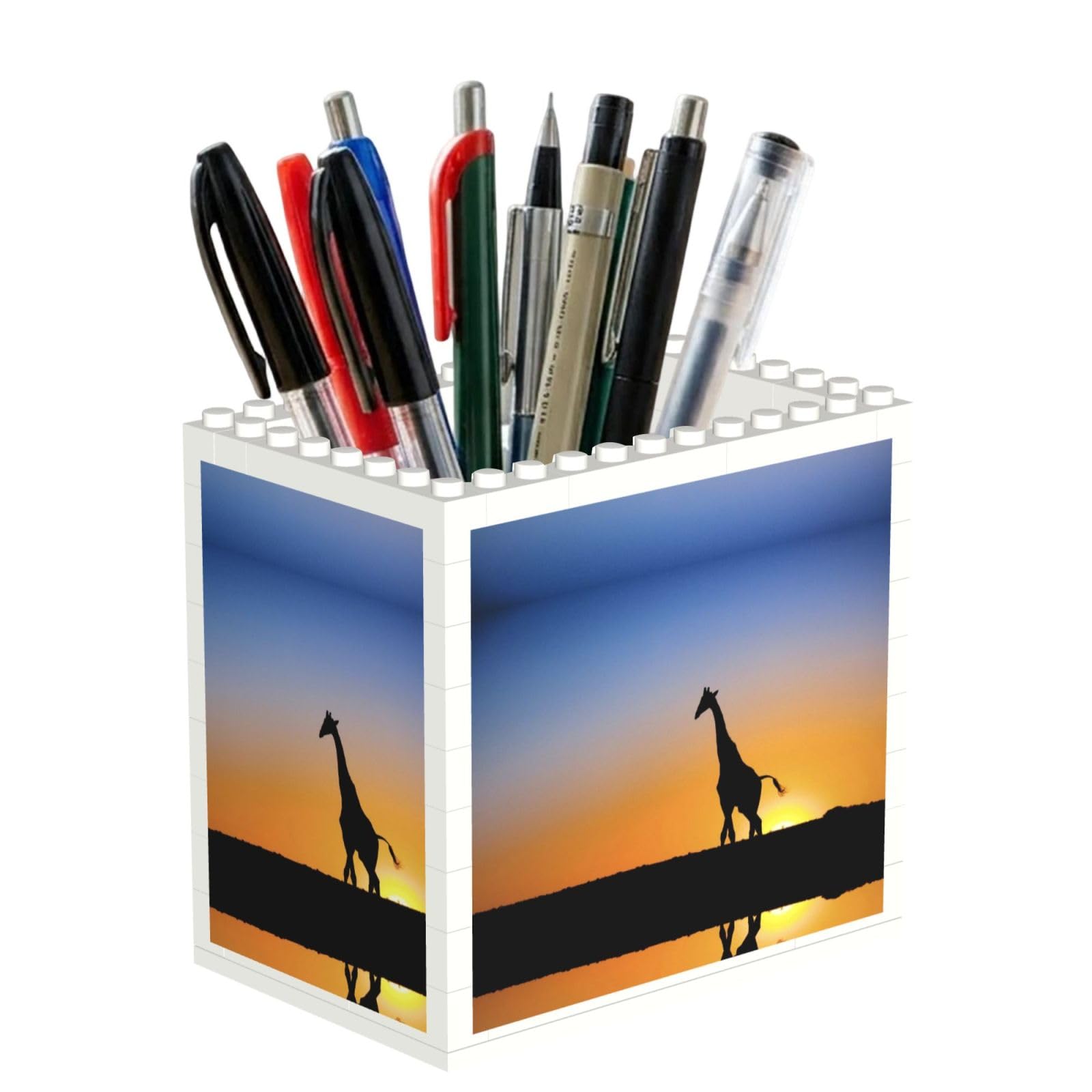 SATUSA Giraffes At Sunset Print Building Block Texture Pen Holder - Pencil Holder For Desk Pen Organizer,Aesthetic Desk Accessories For Women(1pcs)