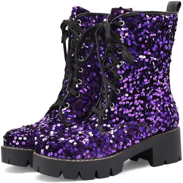 Women's Sequin Combat Boots Lace Up Chunky Low Heel Sparkly Ankle Booties Platform Lug Sole Round Toe Moto Biker Riding Festival Ladies Casual Mid Calf Boot
