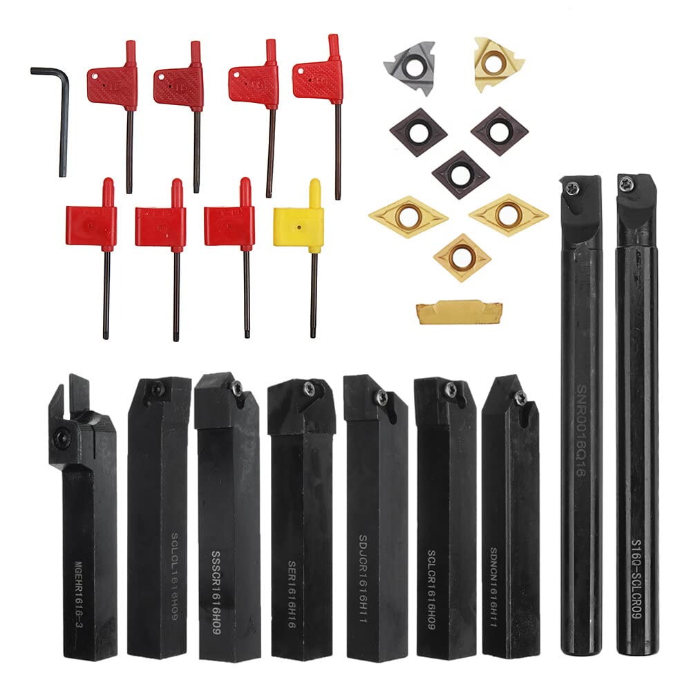 Set di 9 portautensili per tornio con gambo da 16 mm, con inserti in carburo