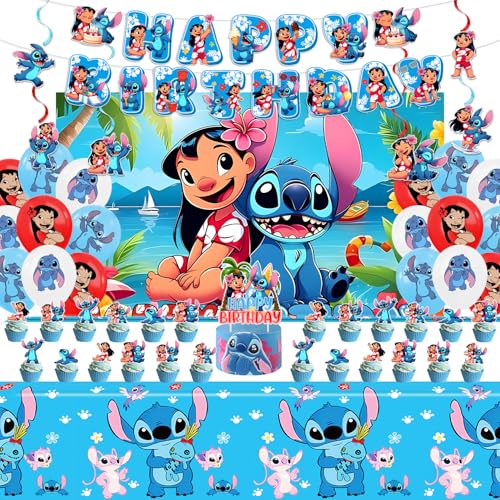 Stitch Party Supplies Birthday Party Decorations Set Include Banner Backdrop Balloons Hanging Swirls Cake Cupcake Toppers Tablecloth for Boys Girls Stitch Party Decorations