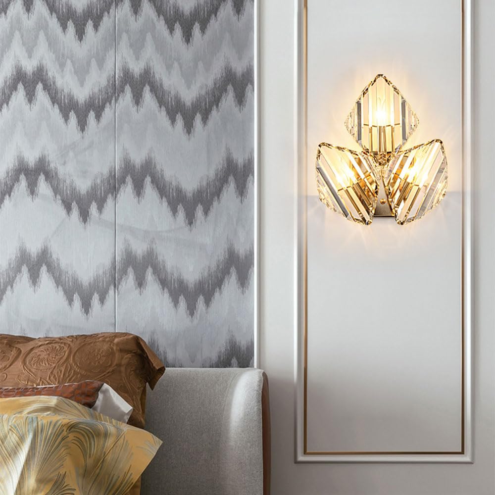 ICEMOB 3-flammige Gold-Eisen-Wandleuchte, modernes Licht, Diamant-Glas-Wandleuchte, Wandleuchte, Schlafzimmer-Wandleuchte, Badezimmer-Waschtischleuchte für Flur, Wohnzimmer, Küche