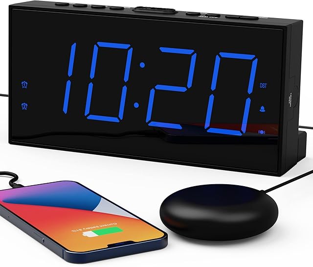 ROCAM Loud Alarm Clock with Bed Shaker for Heavy Sleeper, Vibrating Dual Alarm for Hearing-Impaired, Deaf, 7.5'' LED Screen 12/24H, DST, Snooze, 5 Dimmer, 4 Volume, Battery Backup, USB Charger-Blue