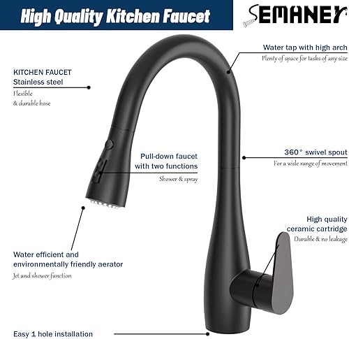 Miniatura 5 de Grifo de cocina de arco alto negro extraíble de una sola manija, estilo, moderno, compatible, antihuellas dactilares, grifos de fregadero de cocina