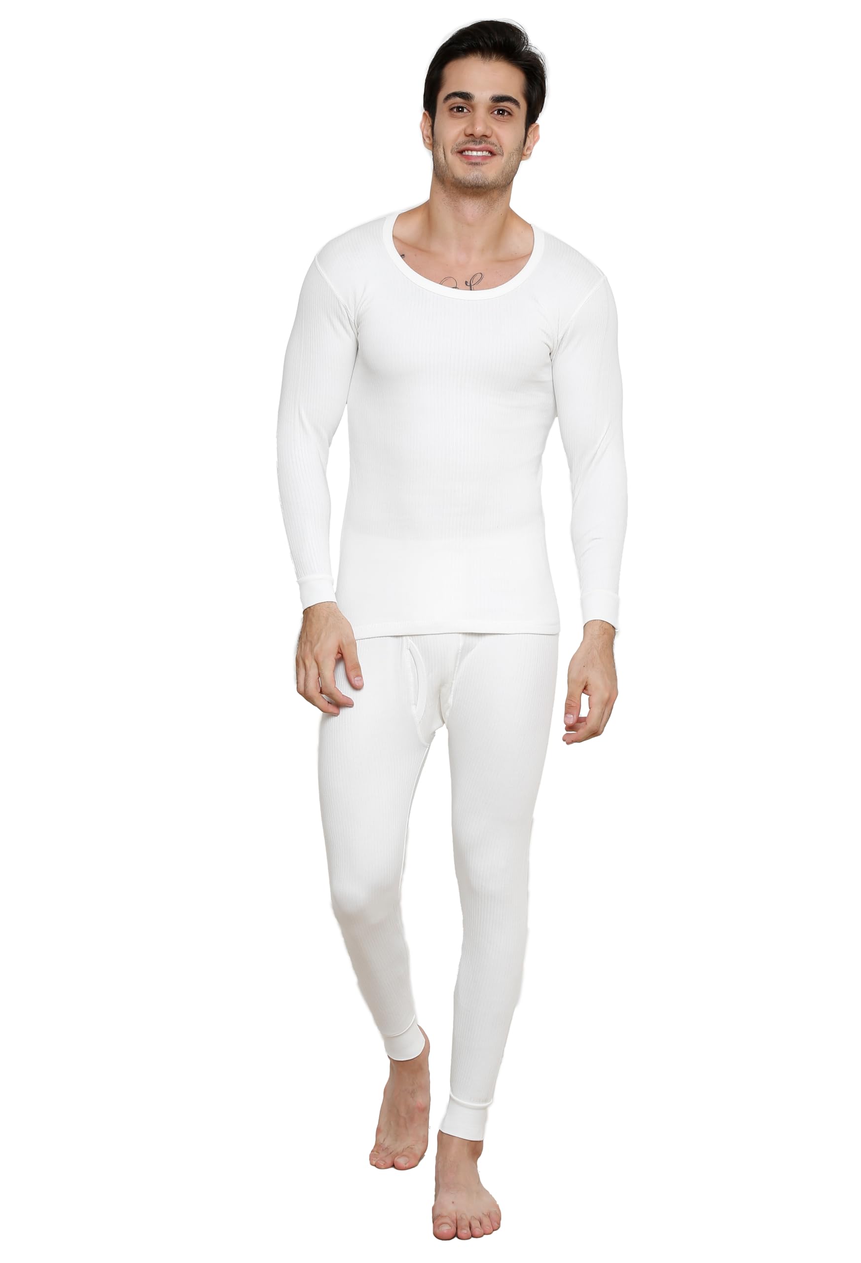 Men's Full Sleeves Full Set Thermal Wear - Top & Bottom Set for Winter Warmth - Heat Retaining Fabric, Ideal for Layering, Lightweight and Comfortable Fit | Cold Weather Protection - Off White-image-33