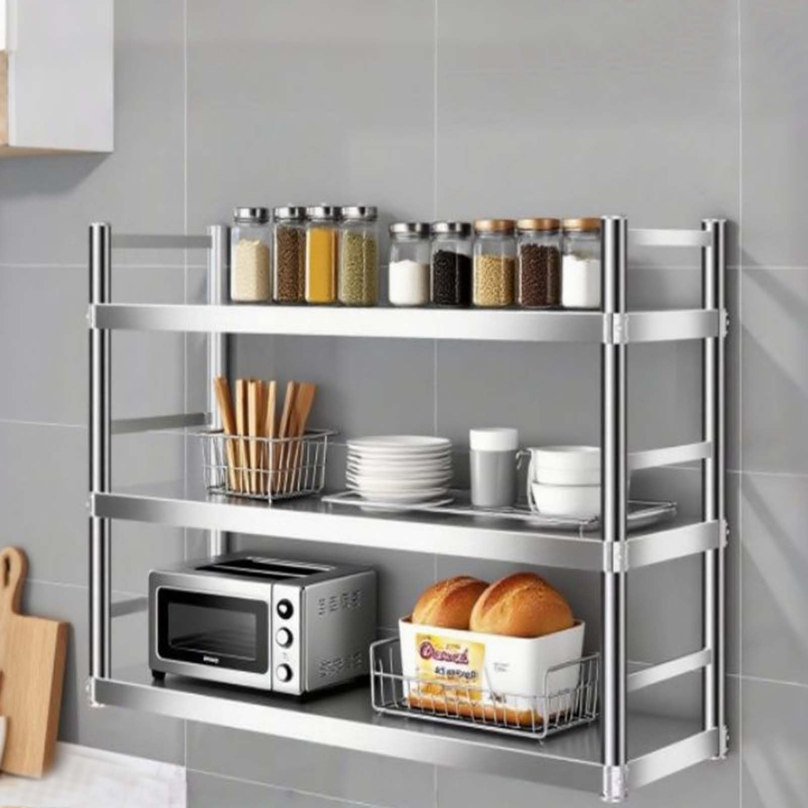 Étagère murale cuisine en acier inoxydable à 3 niveaux pour micro-ondes et vaisselle