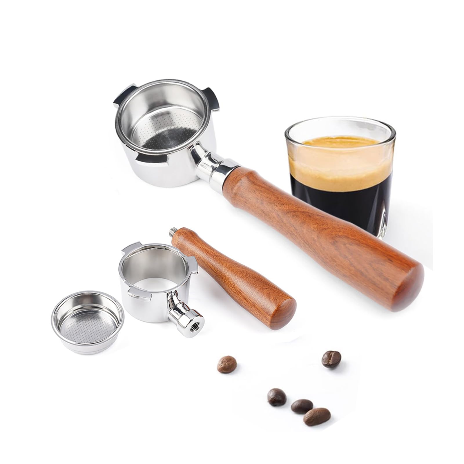 Portafiltro sin fondo de 54 mm compatible con Breville BES870/BES878/BES875/BES880, portafiltro de 3 orejas para cafetera Breville Espresso, mango de madera incluido cesta de filtro