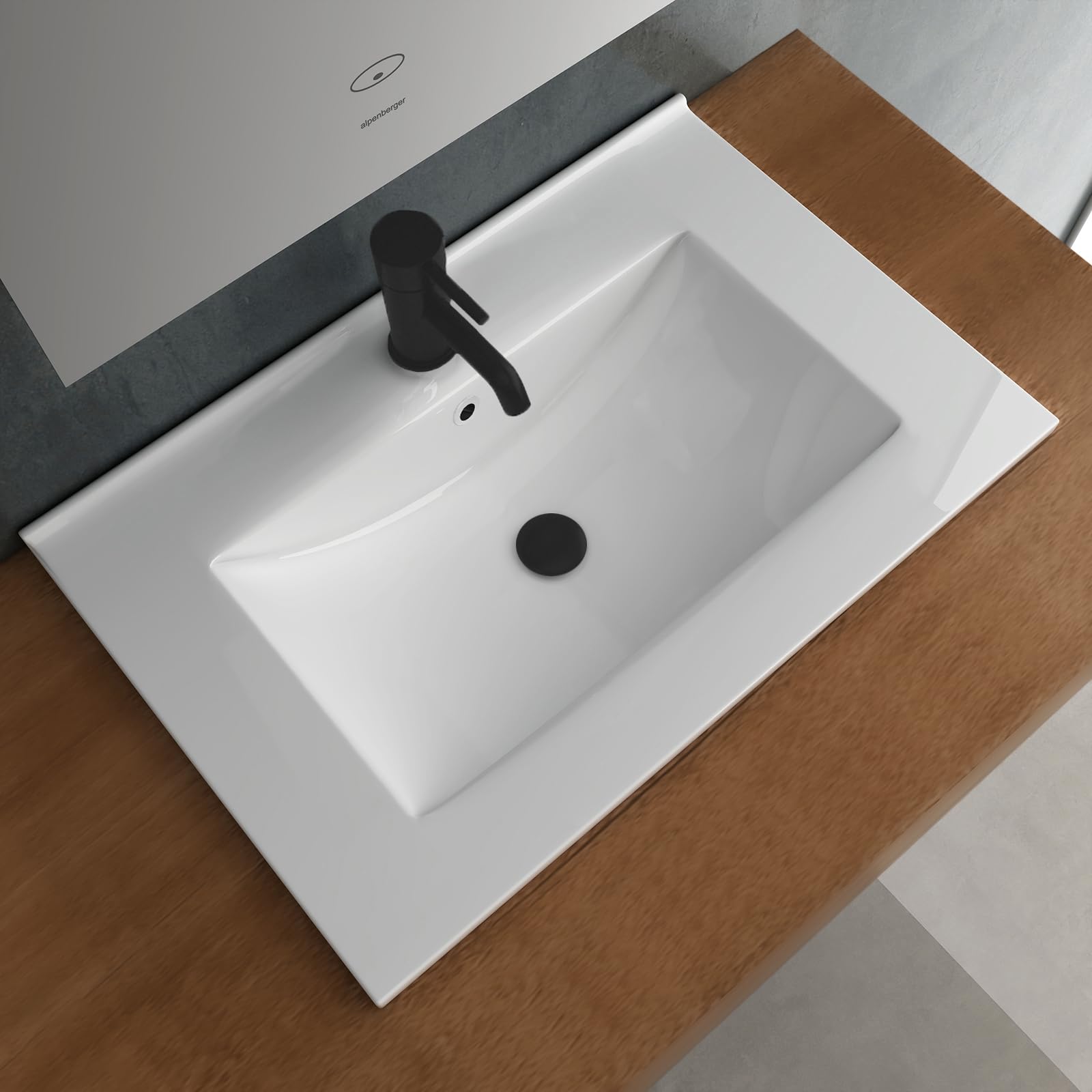 Alpenberger Lavabo WC invités 60 cm de large | Lavabo encastrable | Lavabo carré | Lavabo à poser | Lavabo à main avec revêtement en céramique Nano et trop-plein