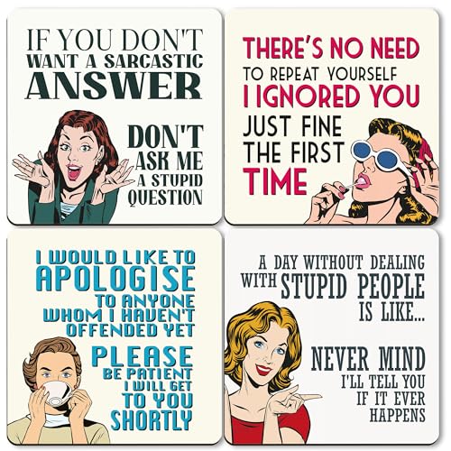 Image of Dorothy Spring Retro Sarcastic Quote Wooden Drink Coasters Set of 4 Funny Coffee Table Gift for Friend Coworker Home Bar