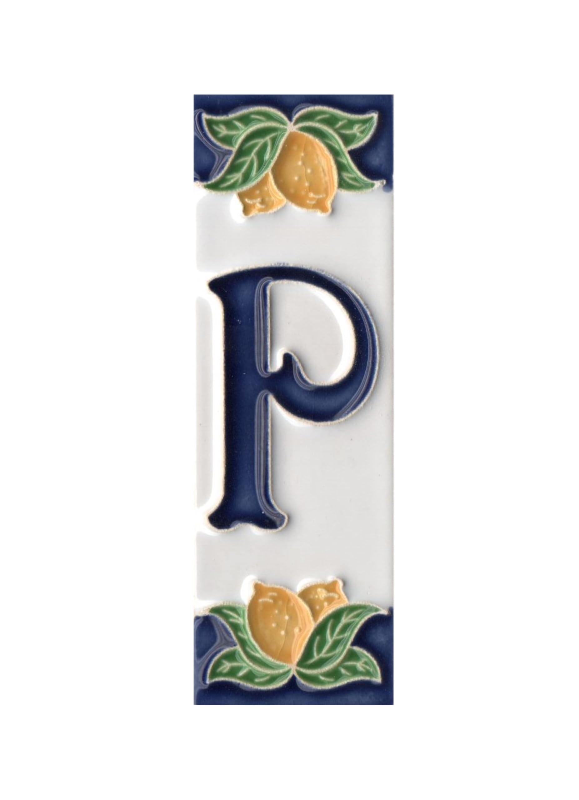 House Numbers, Italian Ceramic Numbers & Letters Tiles, Lemon Design, Tile Size: 10cm x 3.5cm (Letter P)