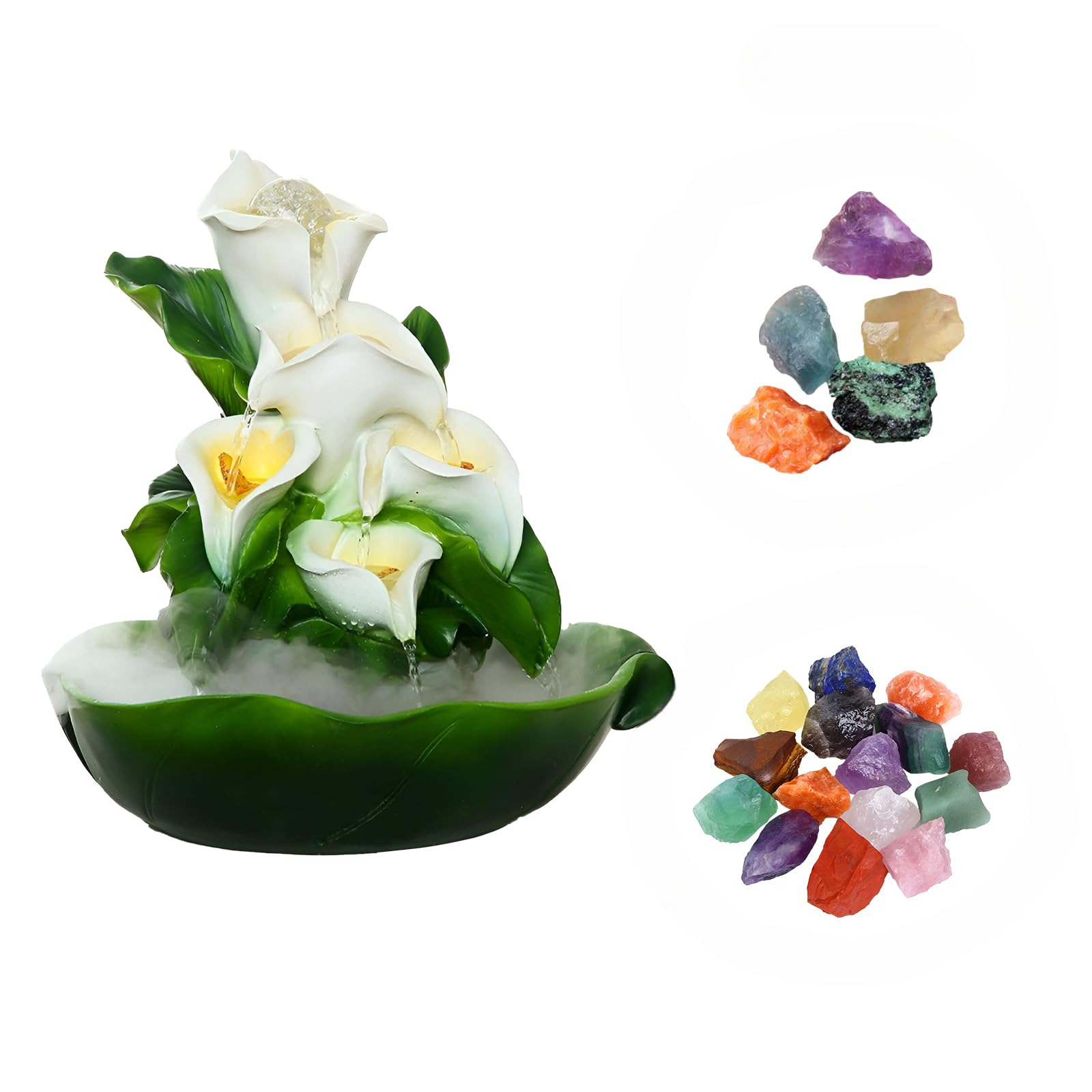 14.58 Inch Tabletop Fountain & Lotus Flower 6 Tiers of Flowing Water + Free 10 PCS Crystals-Applicable to Indoor Decoration-with Fogging & Crystal Beads (36 * 31 * 37 CM + Atomized)