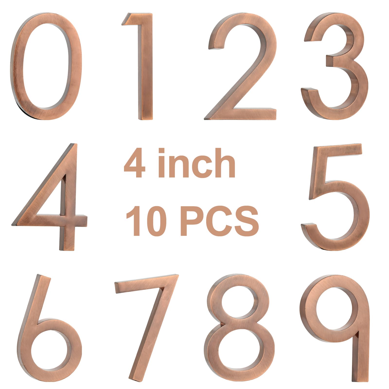 4" 10 Pack(0-9) Self Adhesive Mailbox Numbers,Door Address Number Stickers for Office Room,Raised 3D Effect,Chrome Plated Outdoor mailbox number(Bronze Plating)