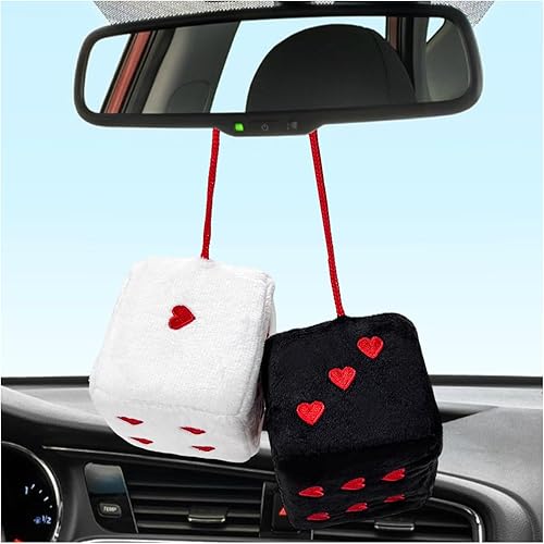 Miniatura 10 de 2 PCS Dados de Felpa Mullidos para Espejo Retrovisor de Automóvil, 3 pulgadas, Dados Cuadrados Retro en Forma de Corazón, Ornamento Colgante para