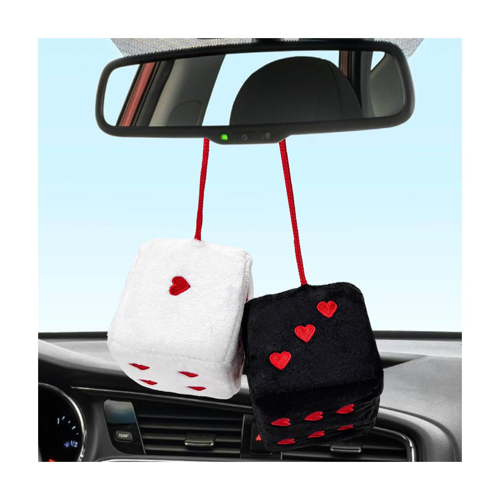 2 PCS Fuzzy Plush Dice for Car Rearview Mirror, 3'' Retro Square Heart-Shape Dice Mirror Hanging Ornament, Universal Interior Hanging Dice Decor Accessories for Men Women (Black & White)