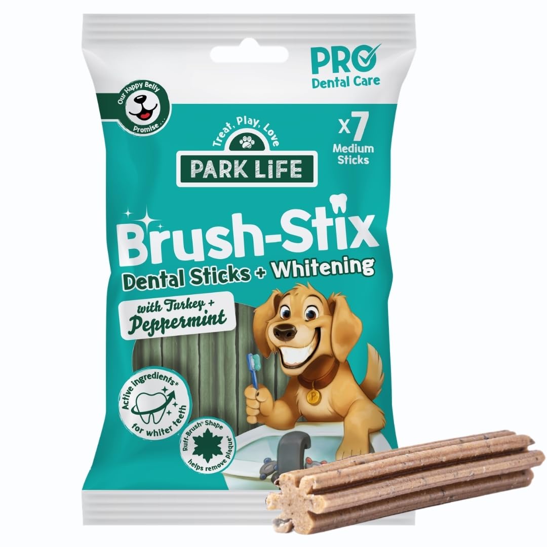 PARK LiFE, Brush-Stix Grain-Free Dental Sticks 7xSticks (180g pack), Turkey & Peppermint, Fresh Breath, Help Whiten Teeth and Remove Plaque & Tartar, Puppy Safe, All Natural, for Small & Large Dogs