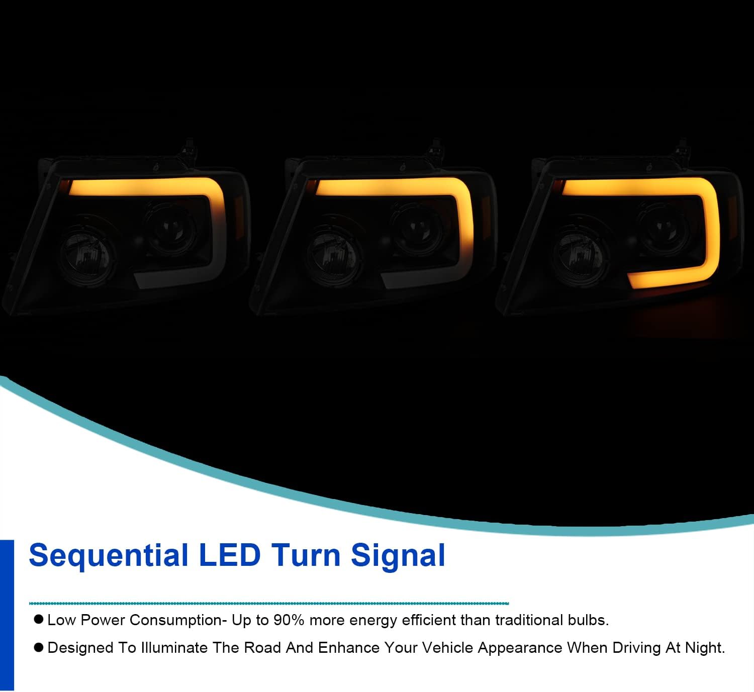 SPEC-D TUNING Black Smoke Projector Headlights w/Switchback Sequential Signal LED Tube Compatible with 2004-2008 Ford F150 2006-2008 Lincoln Mark LT, Left + Right Pair Headlamps Assembly