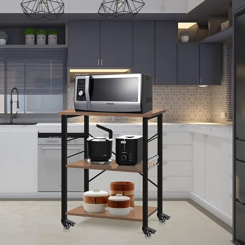 Cocina Scaffale da cucina a 3 livelli con 5 ganci, supporto for forno a microonde, ripiano mobile for workstation, marrone Estante de almacenamiento
