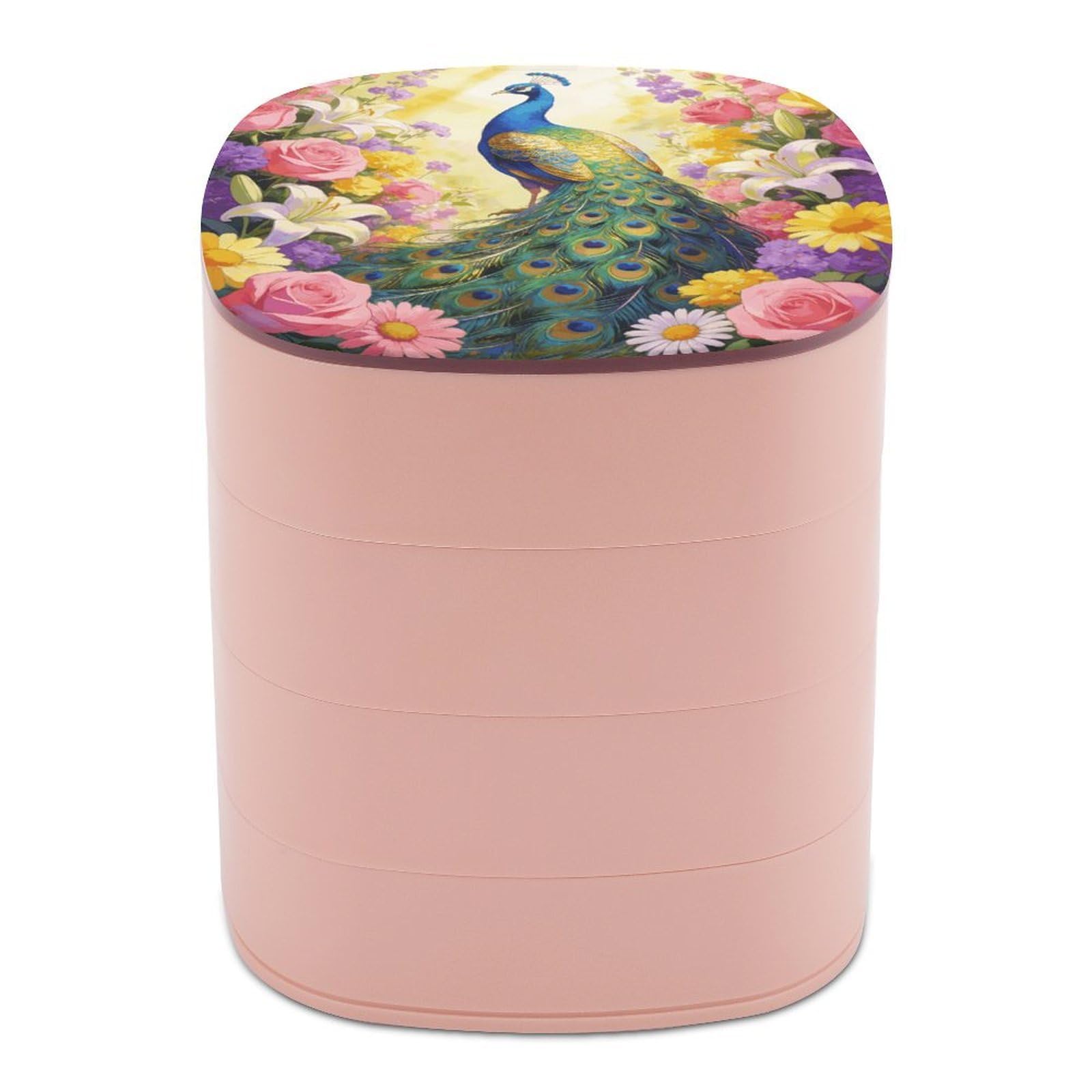 Colorful Peacock with Floral Background Jewelry Box Women Jewelry Organizer Travel Jewelry Case Cute Necklace Ring Storage Organizer 4-Layer Rotating Jewelry Tray Case with Mirror for Bracelets