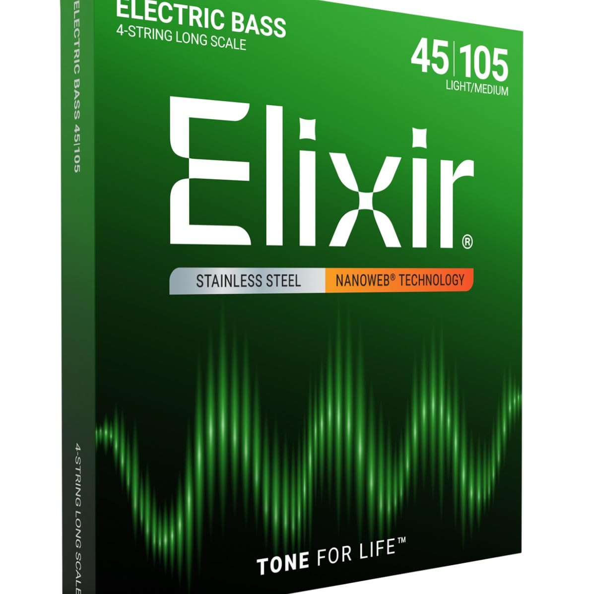 Elixir Strings Stainless Steel 4-String Bass Strings w NANOWEB Coating, Long Scale, Light/Medium (.045-.105)