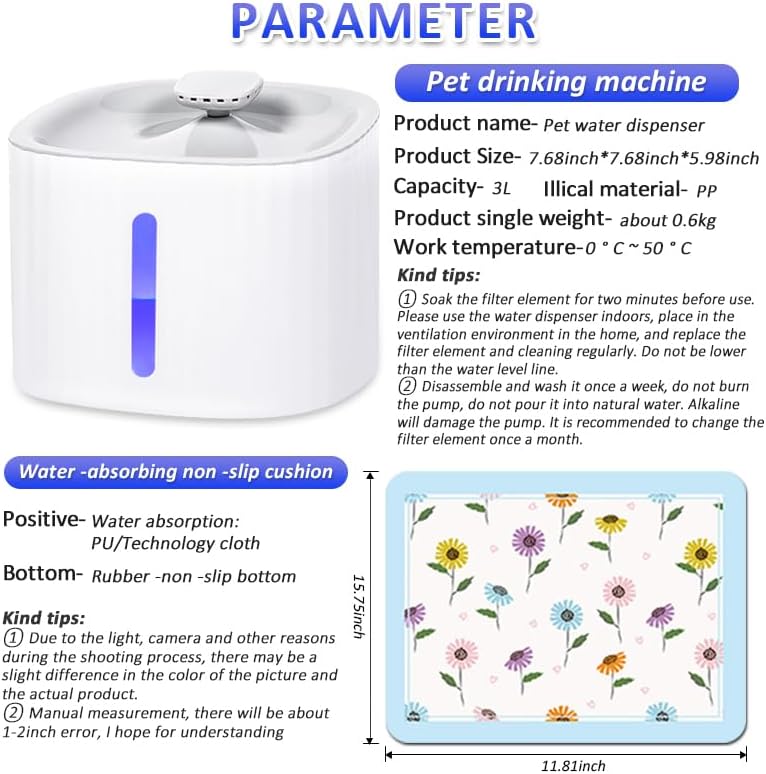 Pet Water Dispenser, LED Light Display 3L Large Capacity Intelligent Automatic 24-Hour circulating Filter pet Water Basin, Silent Design, Suitable for Cats and Dogs Drinking Water