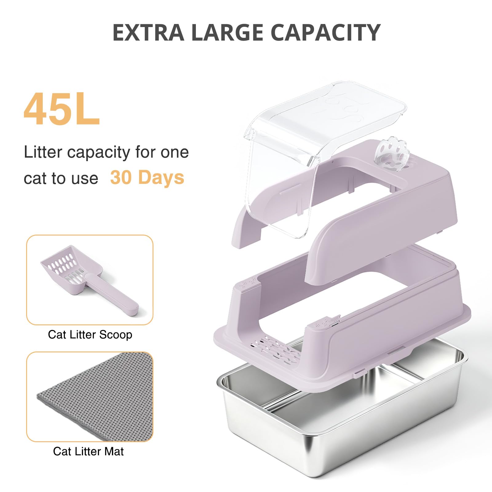 Lettiera per gatti in acciaio inox, completamente chiusa, extra large, in metallo, con lati alti e coperchio trasparente a 120°, paletta e tappetino, viola, XL