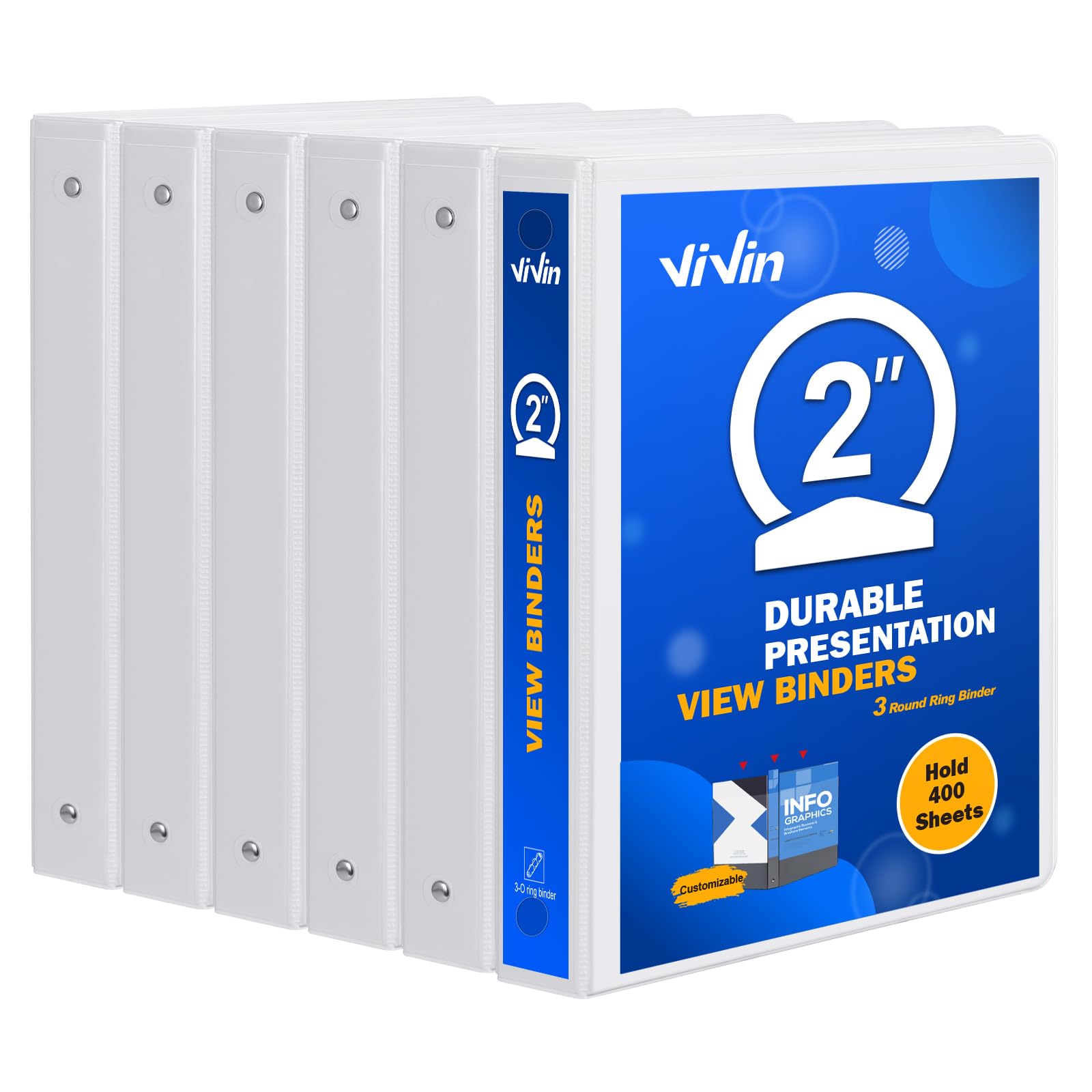 ViVin Durable 2 inch Round Ring View Binder, Standard 3 Ring Binder for 400 Sheets of US Letter Size Paper, 6 Pack (White)