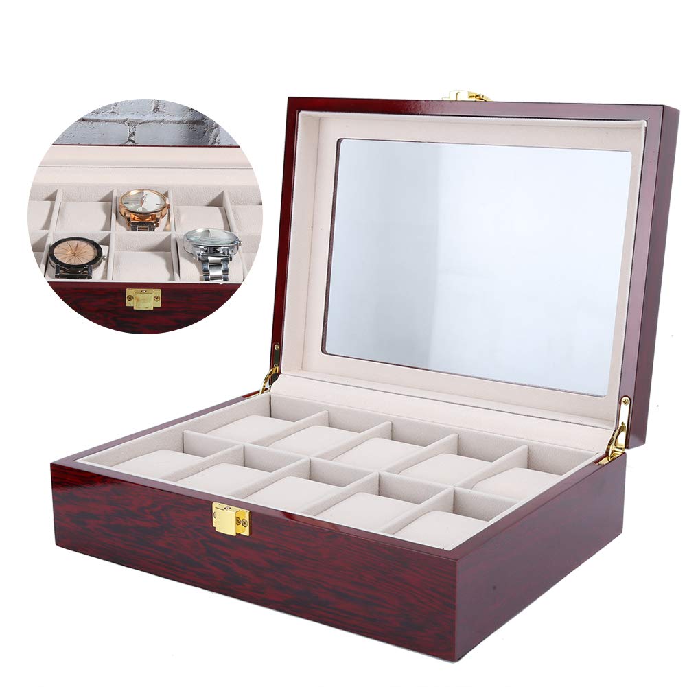 Cofanetto Portaorologi in Legno con 12 Scomparti e Vetrina, Organizer Gioielli con 10 Cassetti in Pelle per Esposizione Elegante