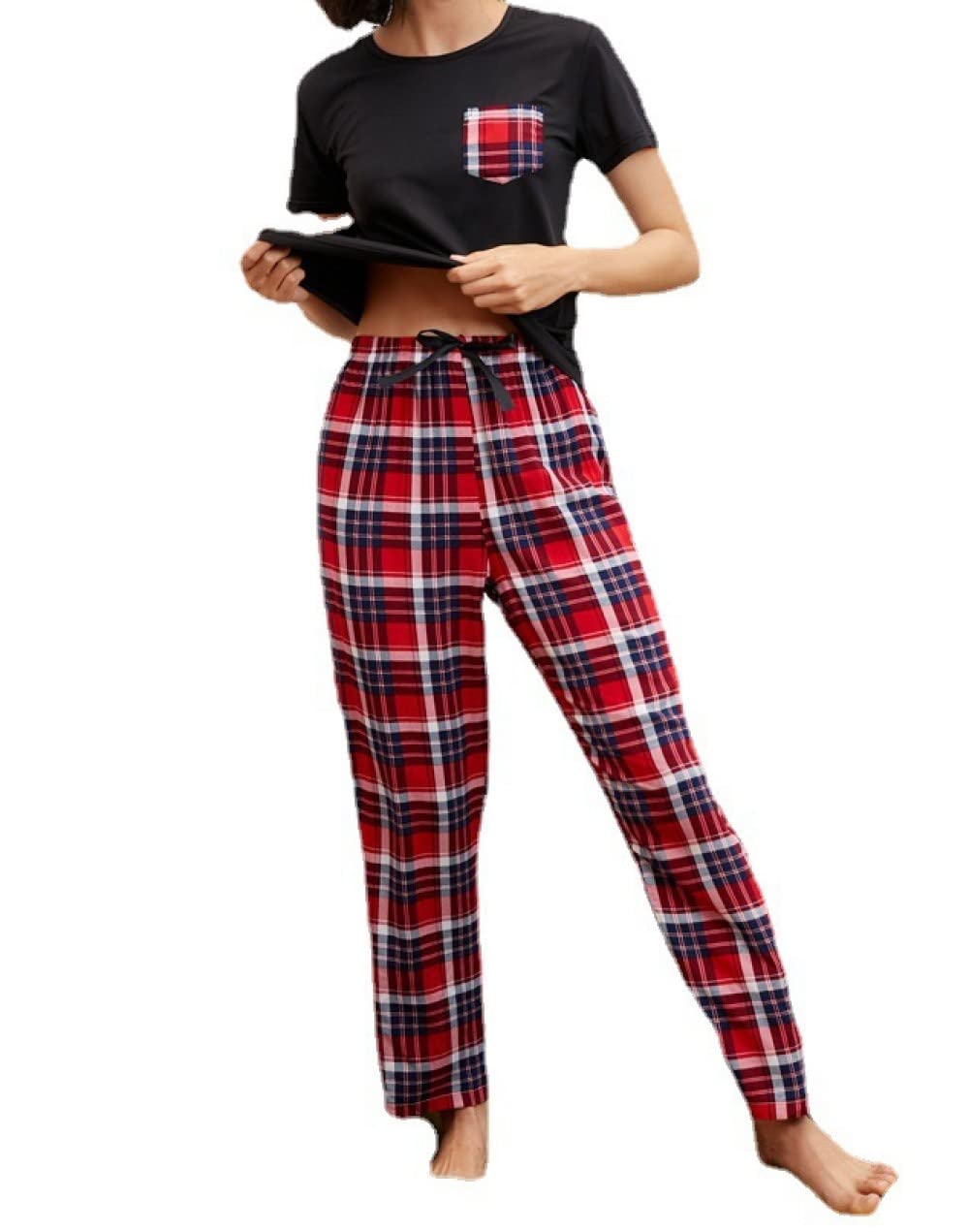 Donna Pigiama Estivo Due Pezzi,Pigiama A Maniche Corte Estivo da Donna con Stampa A Quadri Neri Set da 2 Pezzi Pigiama Morbido alla Moda Loungewear Regalo per La Festa della Mamma per Moglie Fidanza
