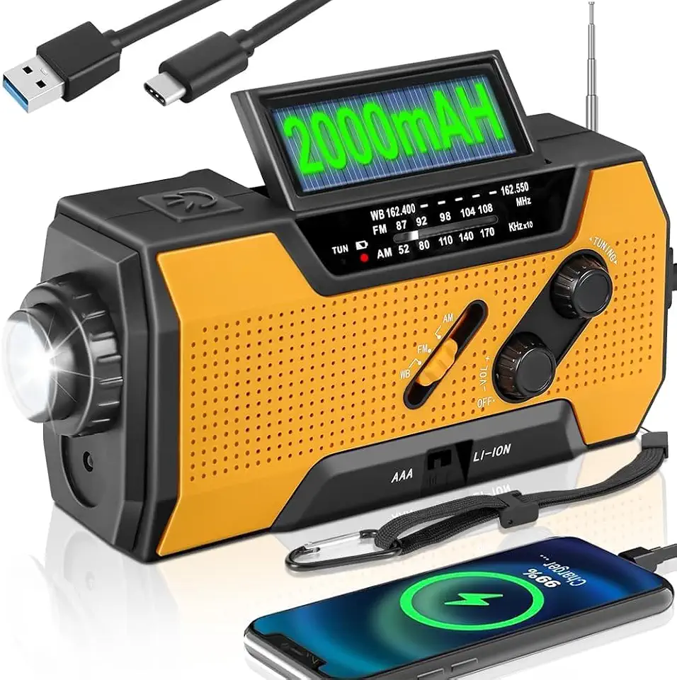 Rádio de Emergência com Manivela 2000 Mah, Radio Manivela e Solar, Ádio Operado Por Bateria, Alarme SOS, Am/Fm e Lanterna de Led, Radio Portatil