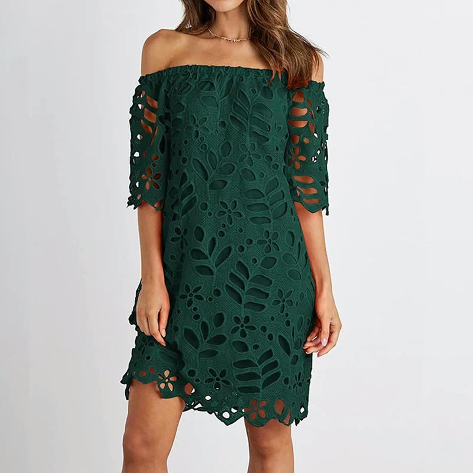 Primavera Verano Viaje Vestido de Encaje Sexy Fuera del Hombro Media Manga sin Tirantes Moda Ahueca hacia Fuera Faldas Vestidos Casuales de Color sólido