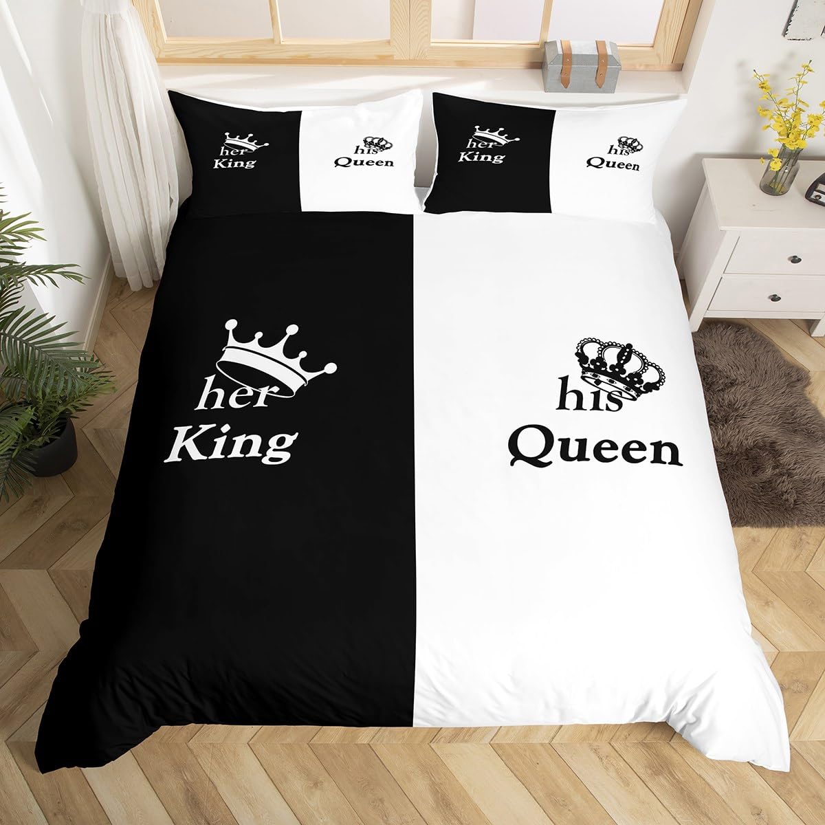 Homemissing Crown Queen and King Duvet Cover Double Size, Black and White Mr Mrs Comforter Cover His and Her Bedding Set Lovers Romantic Valentine's Day Bedspread Cover 3Pcs Zipper