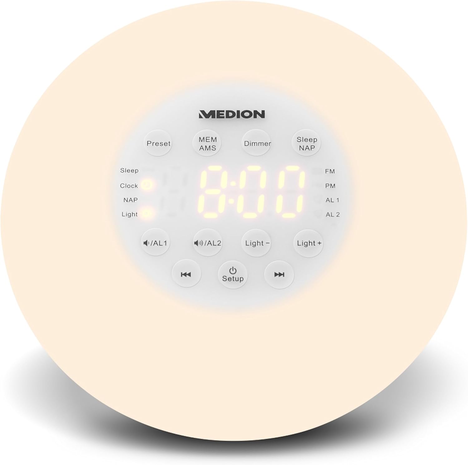 Front view of the MEDION P66080 Wake-up Light showing the display and control buttons.