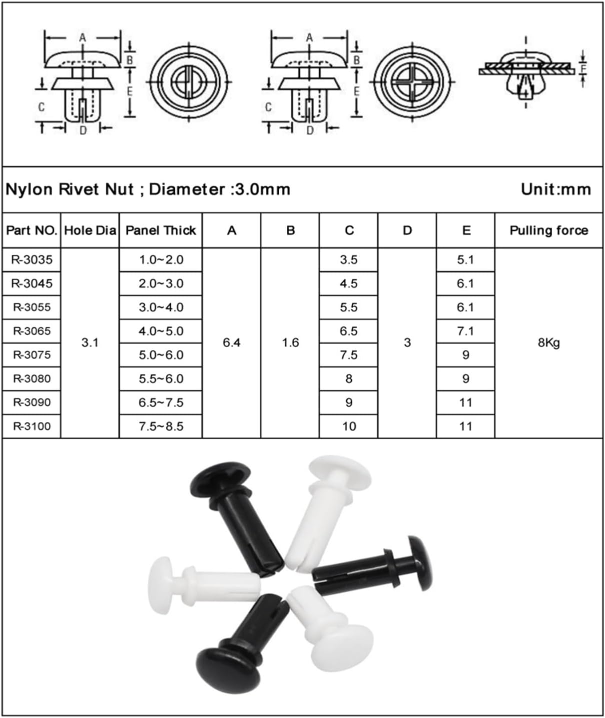 Carbon Steel Hexagonal Nut, Stainless Steel Nut,Nylon Plastic R-Type Expansion Rivet Clamp Screw Nut,PC Board Fixing Buckle Heat Resistant 2/2.7/3.1/3.6/4.1/5.1(Black,R3075 (100pcs))