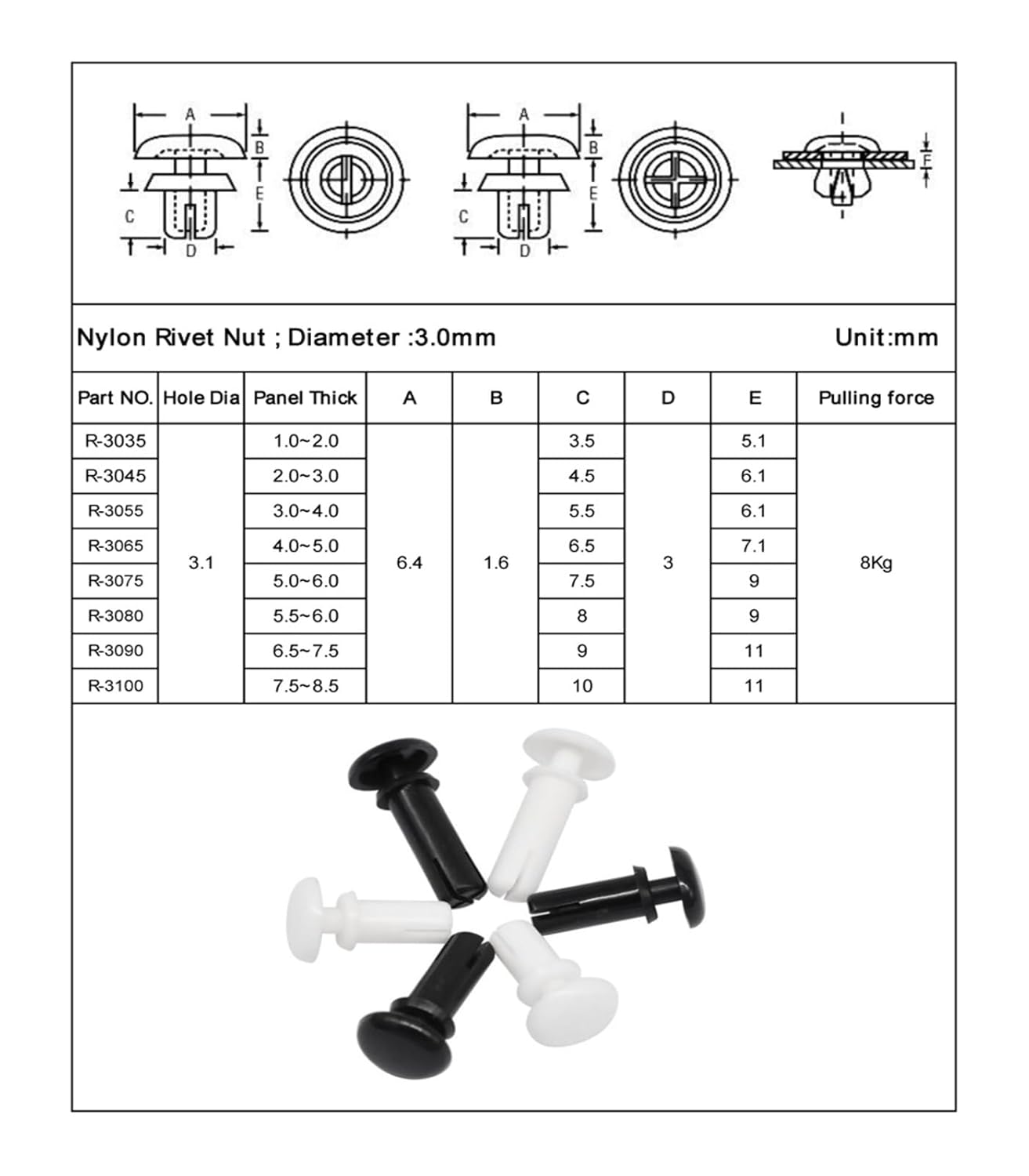 Nylon Fasteners, Nylon Plastic R-Type Expansion Rivet Clamp Screw Nut,PC Board Fixing Buckle Heat Resistant 2/2.7/3.1/3.6/4.1/5.1